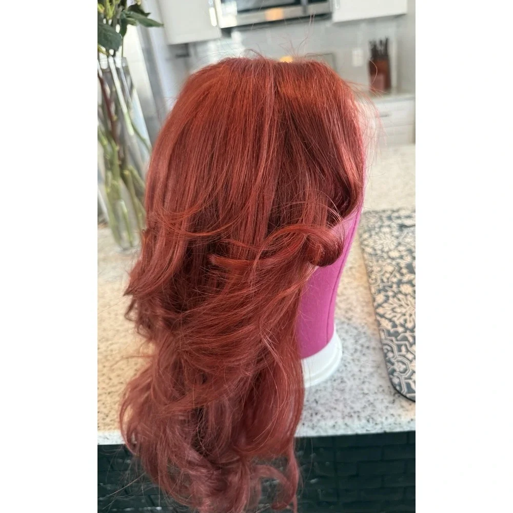 100% Human Hair Lace Front Wig Auburn Brown Red 14 Inch Wavy Straight Free Part